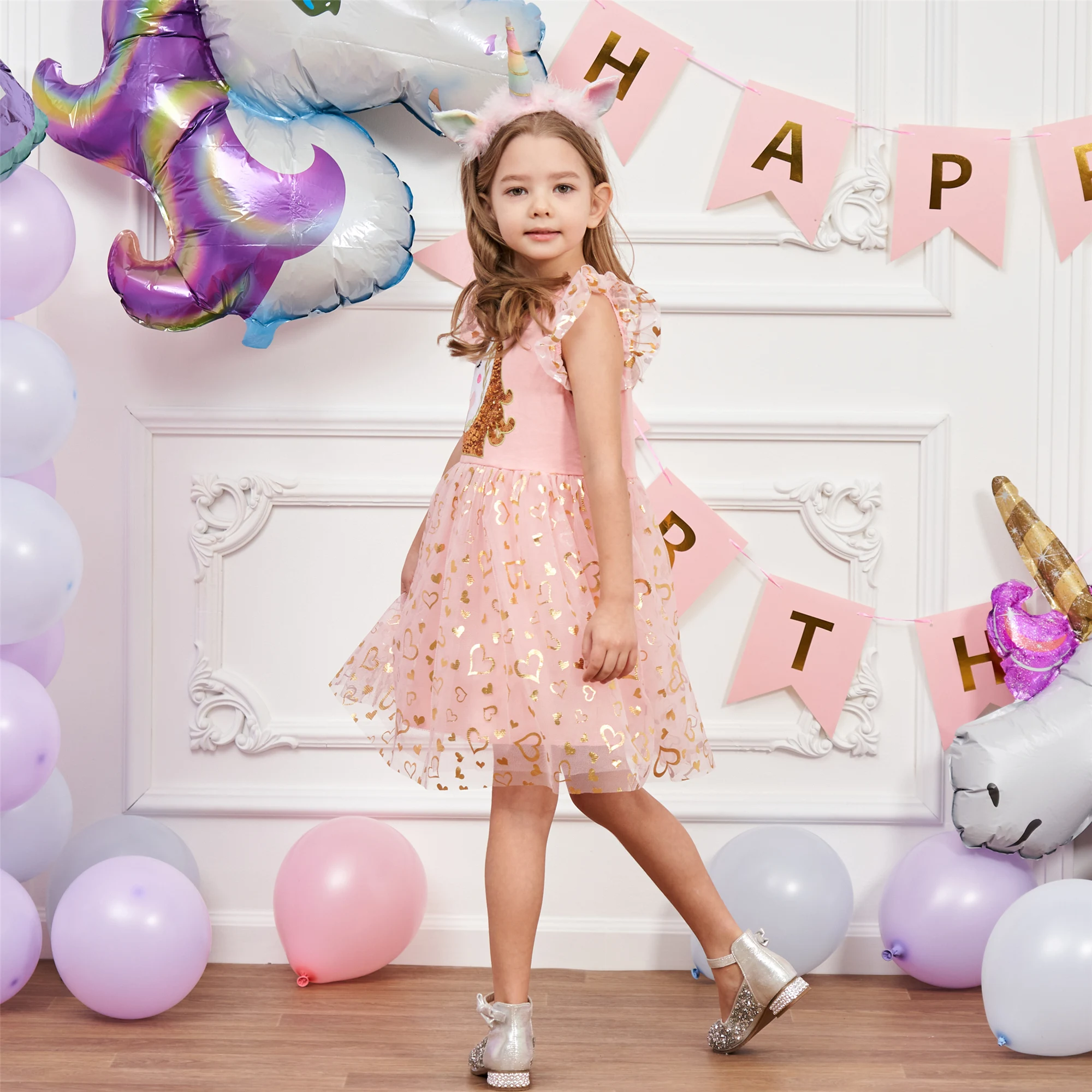 Einhorn kleid für Mädchen: neues ärmelloses besticktes Party kleid für Kinder im Frühjahr/Sommer sh1696 – Detail 5