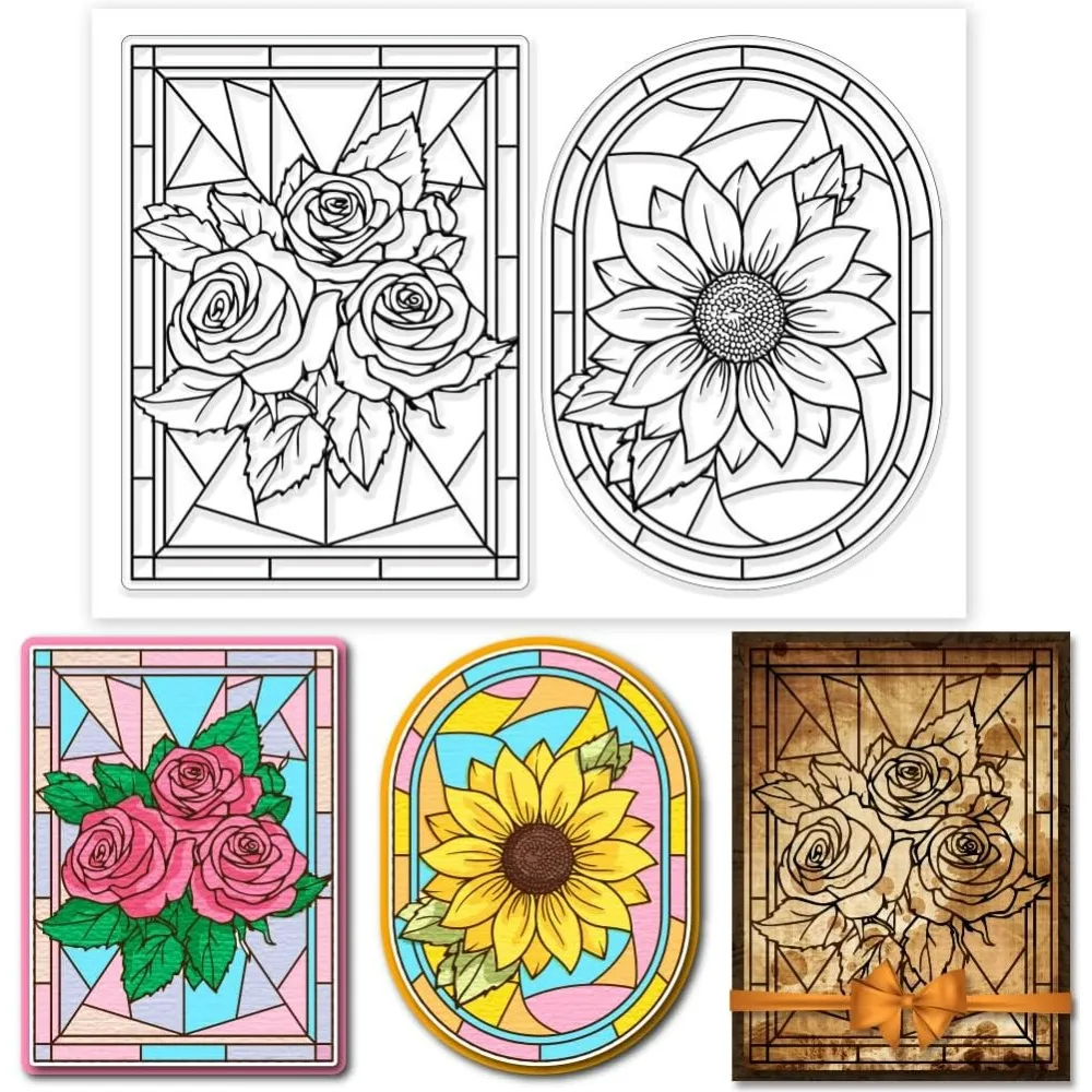 1pc Colored Glass Background Clear Stamps Rose Sunflowe Flower Silicone Clear Stamps Glass Background Transparent Stamps