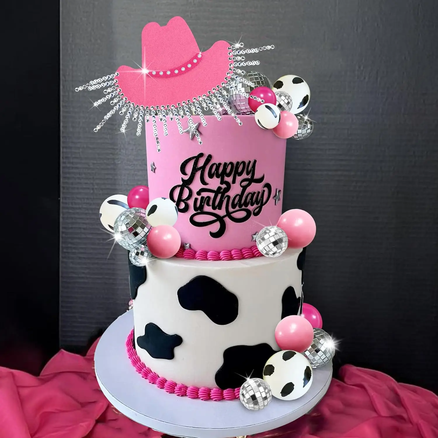 Cowgirl-Kuchenaufsatz, heißes Rosa, zum Selbermachen, glänzender Cowgirl-Hut, Discokugeln für westliche Mottoparty, Cowgirl-Geburtstagsparty-Zubehör