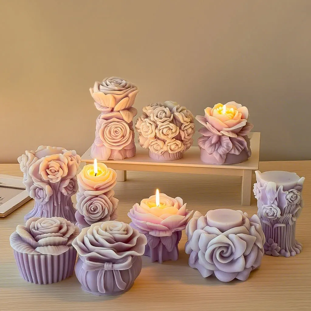 Flower Pillar Mold Heat Resistant Rose Candle Mold Silicone Candle Mold Reusable For Aromatherapy Wedding Gifts