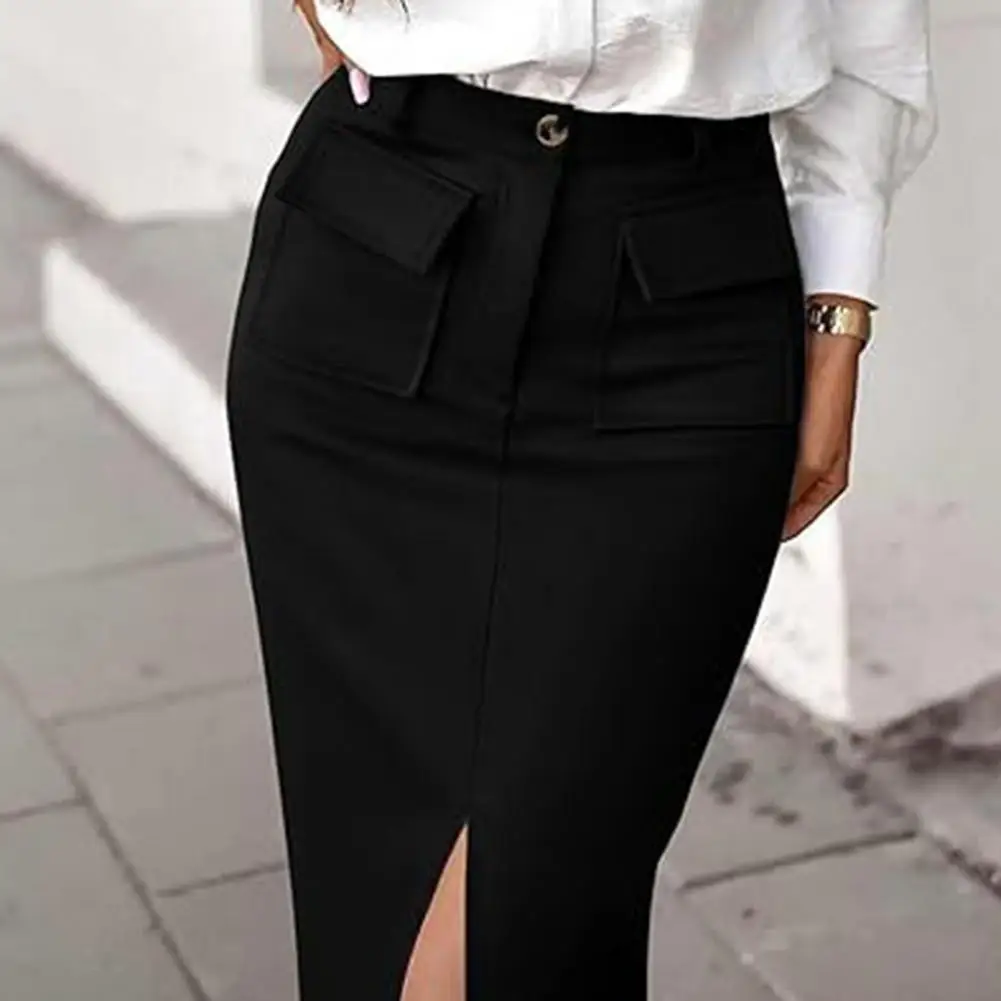 Women Cargo Midi Skirt 2025 Vintage High-Waisted Hip-Covering Cotton Blend SkirtBreathable Office Lady Back Slit Hem Skirt