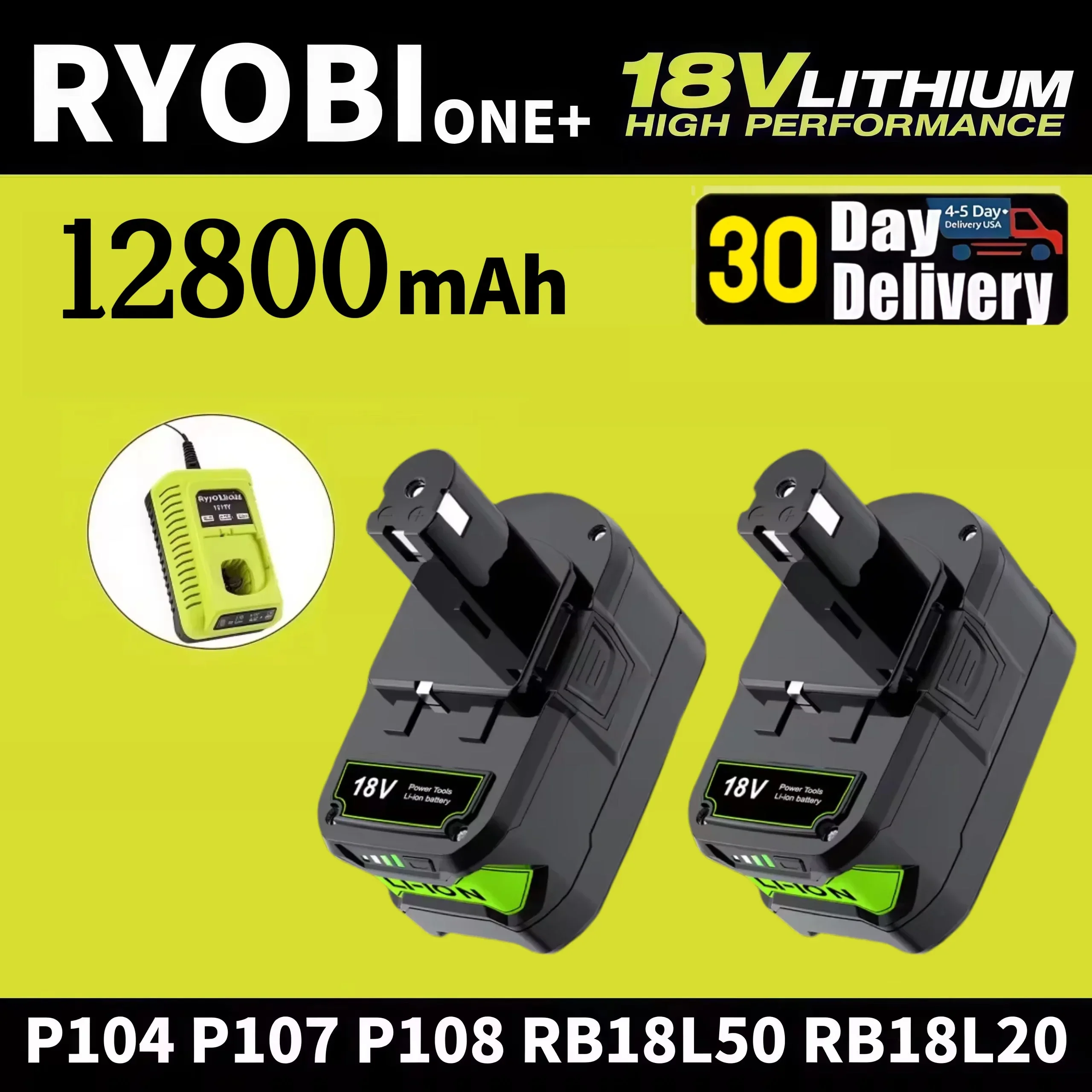 

for RYOBI P108 ONE+ Series 18V 12.8Ah Battery Replacement, Works with P203 P204 P210 RB18L50 RB18L20, Lithium-ion High Capacity