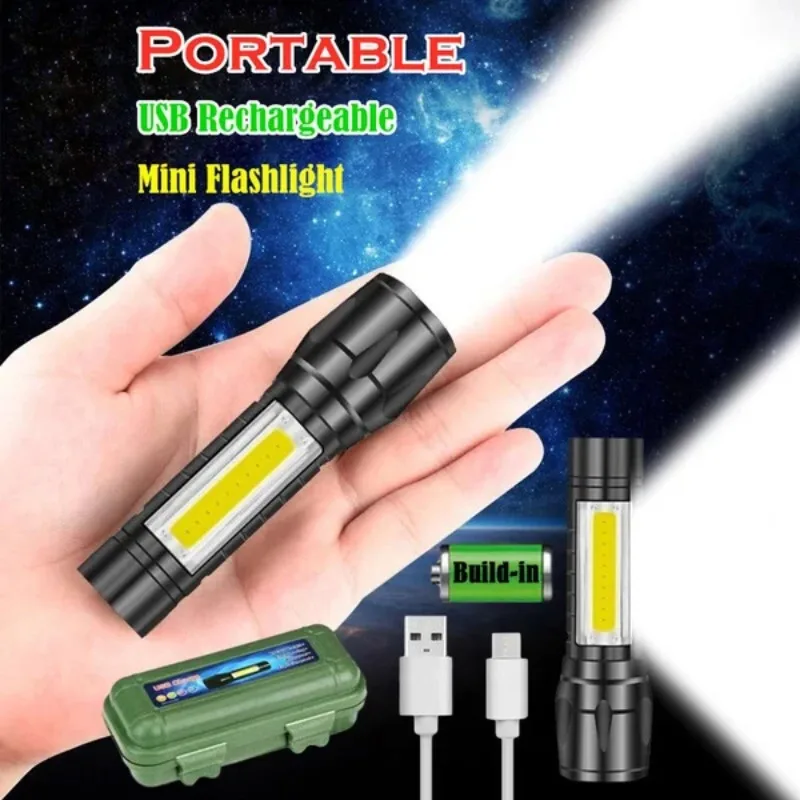 Rechargeable Led Flashlight Super Bright Mini Work Light 3 Modes Waterproof Portable COB Tactical Torch Zoomable Camping Lantern