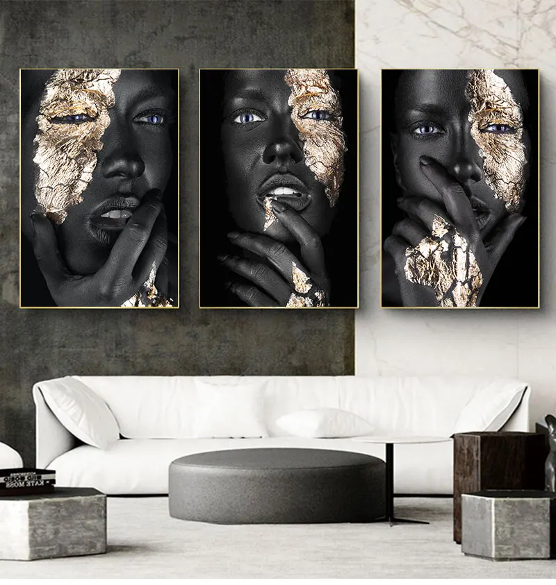 and Prints Scandinavian Wall Art Picture for Living Room African Black Gold Woman Oil Painting on Canvas Cuadros Posters