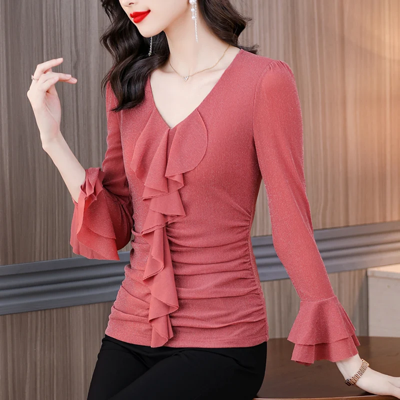 M-4XL 2023 Autumn Winter New Women Tops Slim Long Sleeve Bottoming Shirt Elastic Slim Fit Ruffles Silk Bright T shirt