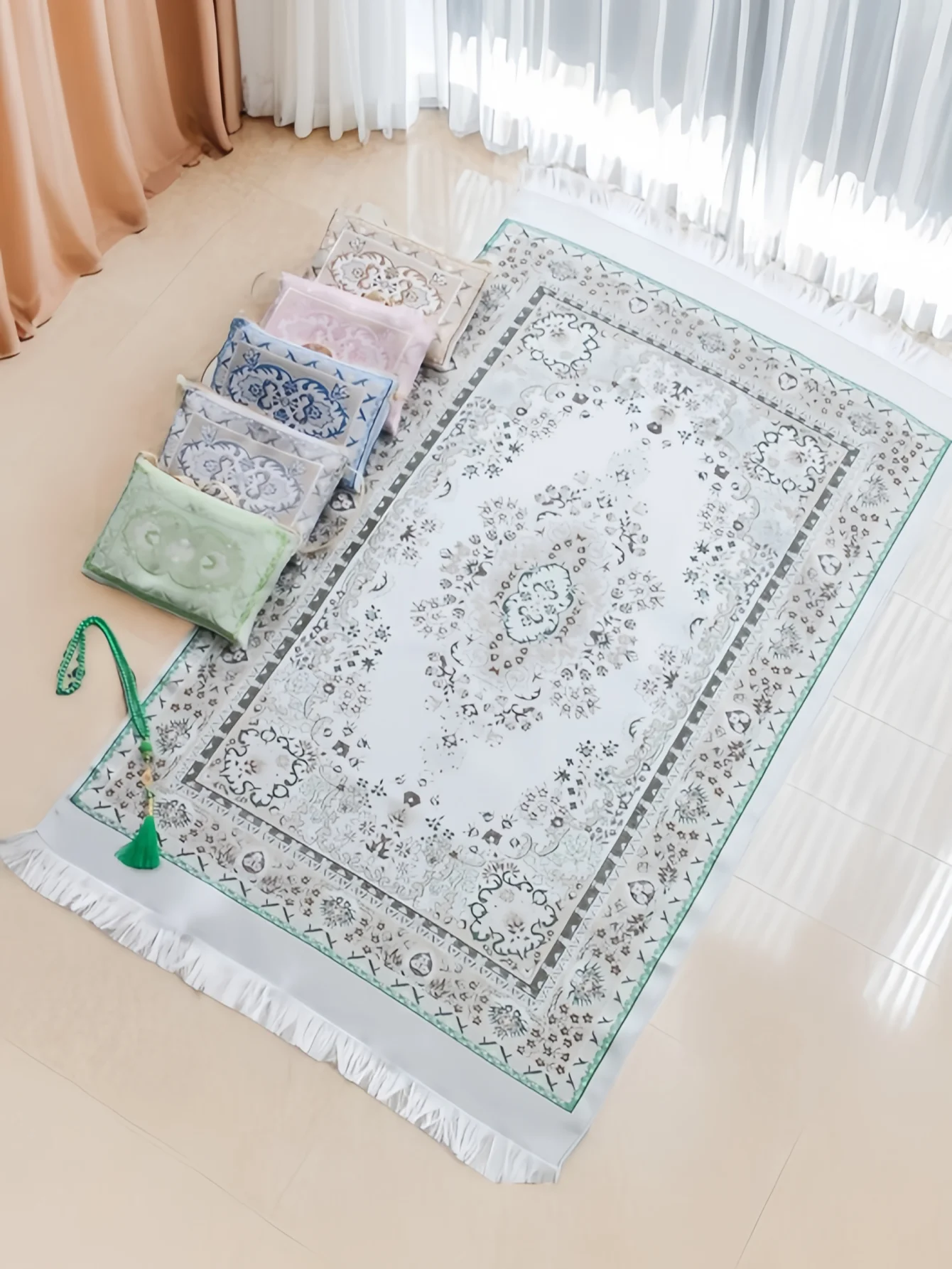 Portable Crossbody Chenille Prayer Blanket, Adult Long Prayer Mat, 99-Bead Faux Pearl Prayer Beads Outdoor Travel Storage Set
