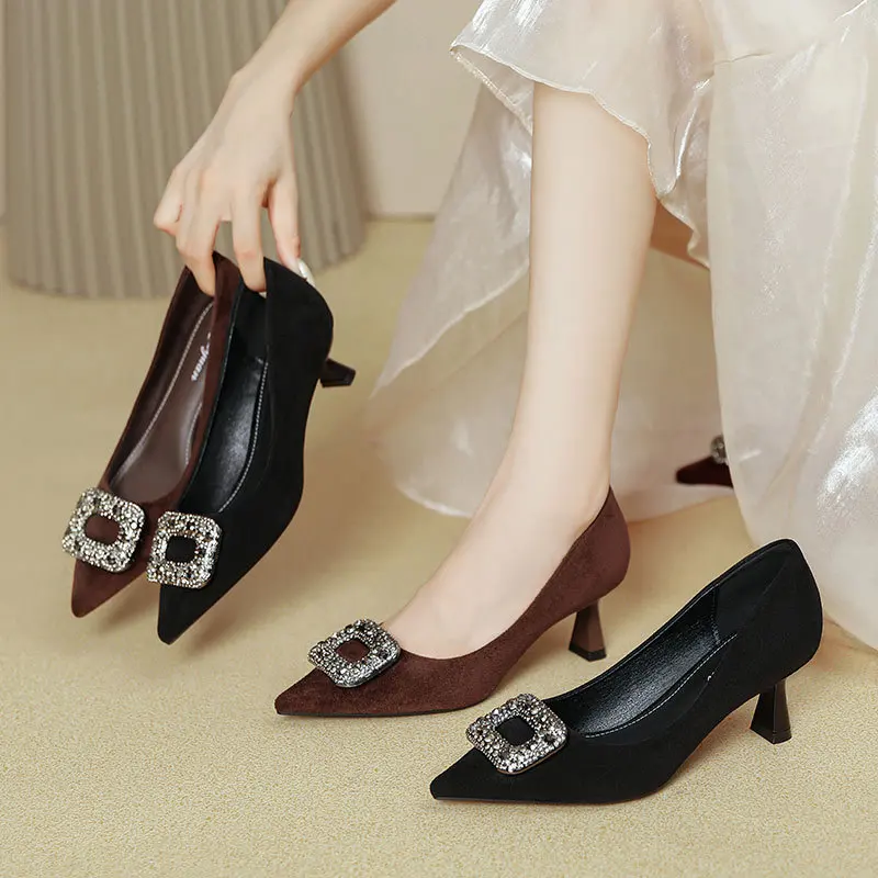 Womens Pumps Pointed Toe Mid Heel Suede-Look Texture Rhinestone Buckle Accent Slip On Style Dress Shoes