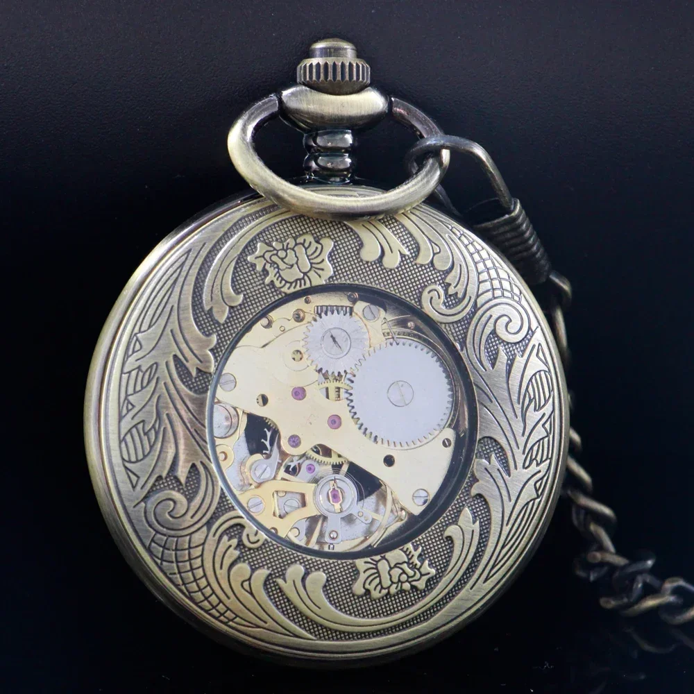 Vintage męski mechaniczny zegarek kieszonkowy Hollow Poker wzór Half Hunter brązowe cyfry rzymskie Dial Fob łańcuszek zegar kieszonkowy prezent