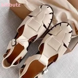 Fisherman Sandal Genuine Leather Solid Color Round-Toe Cut Out Flat With Ankle Strap Fashion Elegant Concise Women Shoes Newest