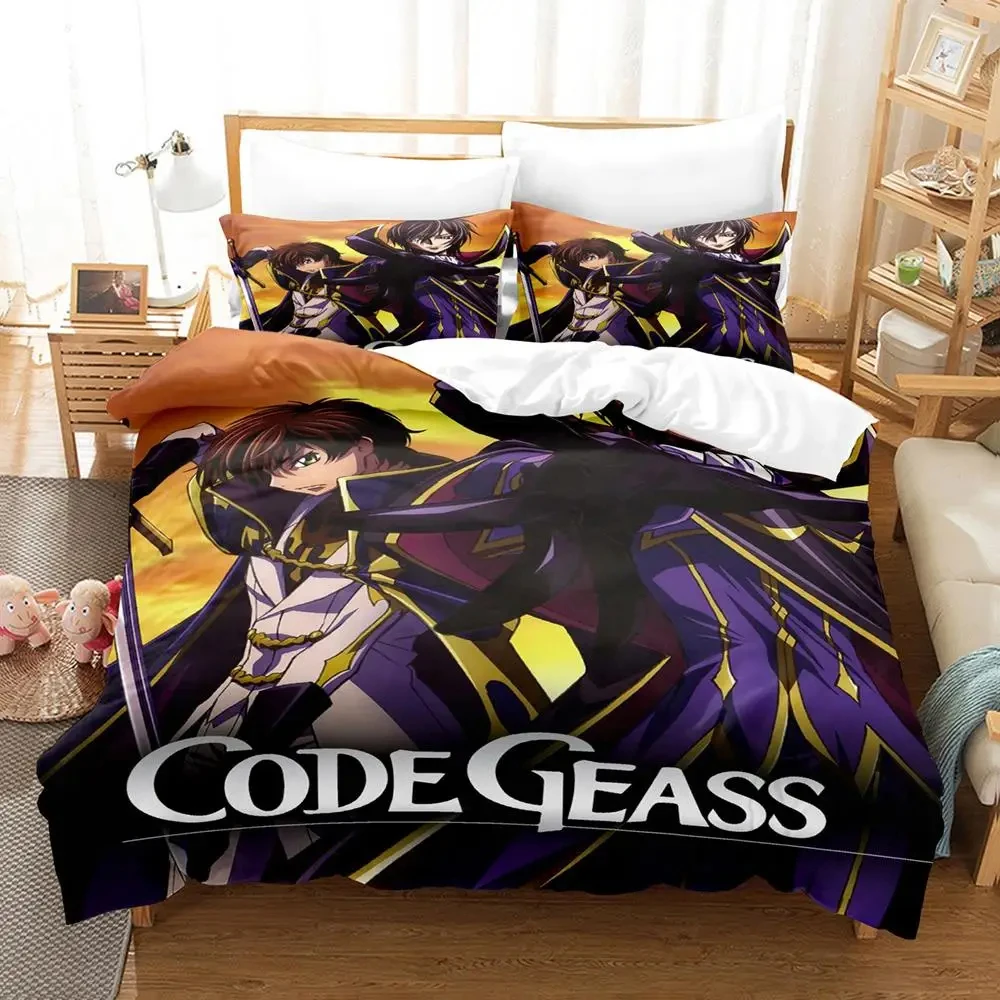 Juego de ropa de cama Anime CODE GEASS Lelouch, funda de edredón, funda de almohada, edredón, tamaño king y Queen, niños y adultos