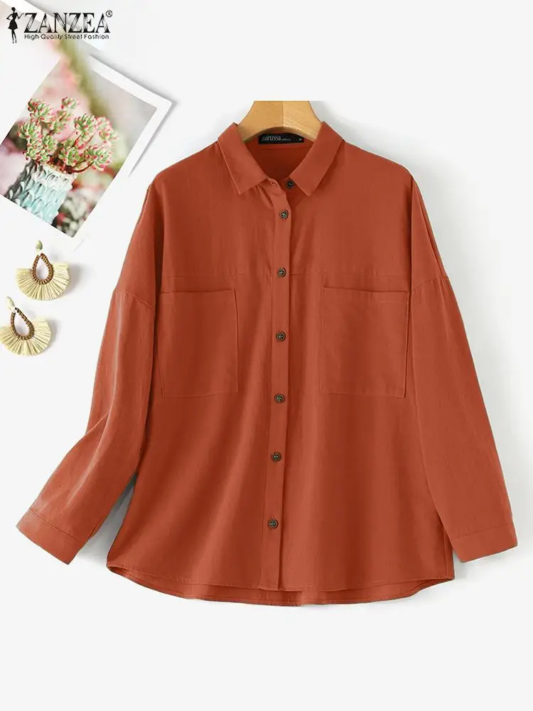 2024 ZANZEA Women Autumn Vintage Shirt Casual Lapel Neck Long Sleeve Cotton Blouse Fashion Solid Loose Work Blusas Female Tops