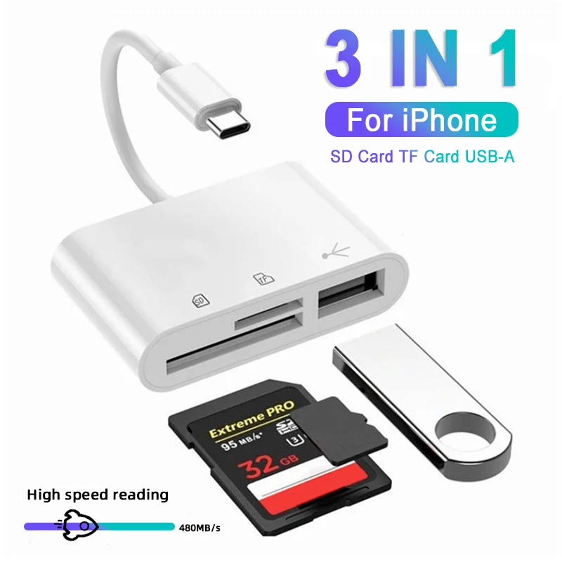 3-in-1 Type C Card Reader Micro SD TF Memory Card Reader External U Disk Adapter for iPhone 15 Serie Laptop Tablet OTG Converter