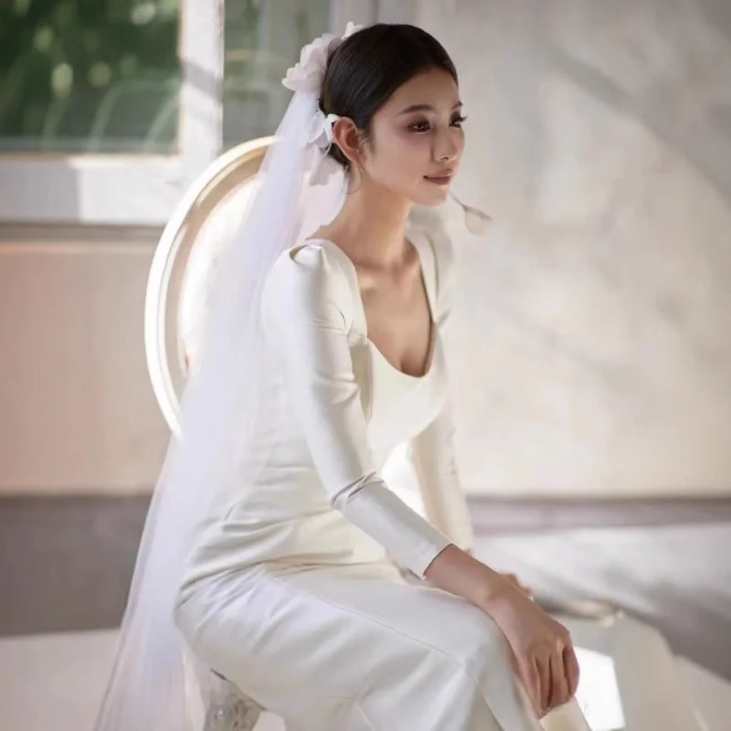 فستان زفاف من الساتان الأبيض الخفيف بأكمام طويلة يغطي الذراع أنيق حورية البحر خفيف فاخر ثوب زفاف العروس المتخصصة