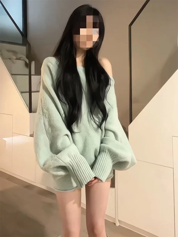 

Korean Style Lazy Soft Batwing Sleeve Slant Shoulder Knitted Sweater Women Gentle Set Casual Straight Leg Short Pants Two Pie...