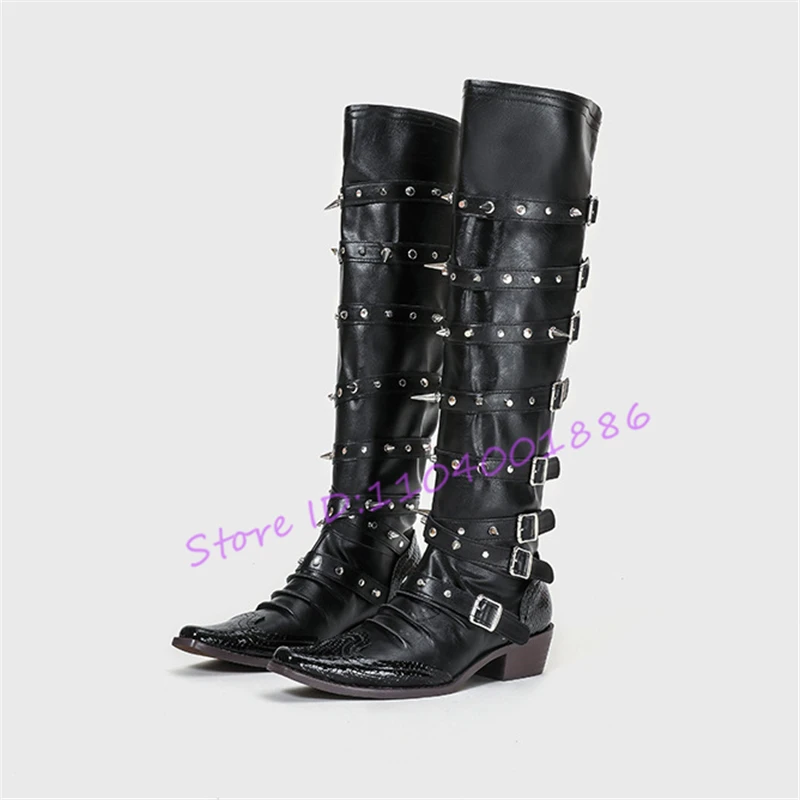 Punk Gothic Rivets Belt Buckle Long Boots for Women Square Toe Med Heels Slip-On Knight Boots Black Leather Over The Knee Boots