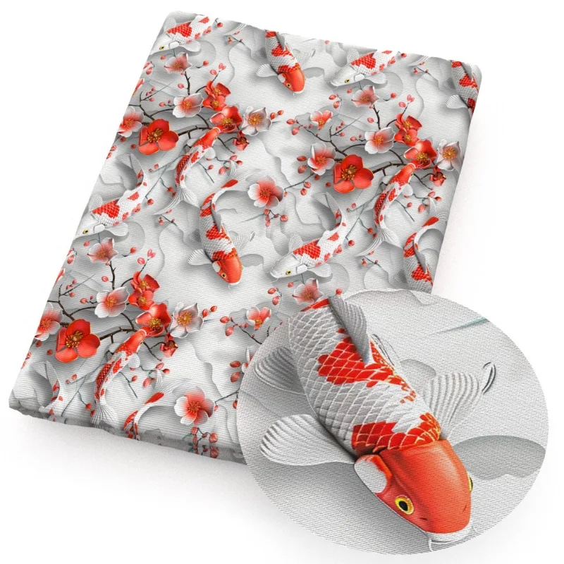 Koi Fish 3D Visual Plane Printed Fabric for Handmade Waterproof Canvas Tablecloth Bed Sheet Cloth Diy Per Meter Sewing