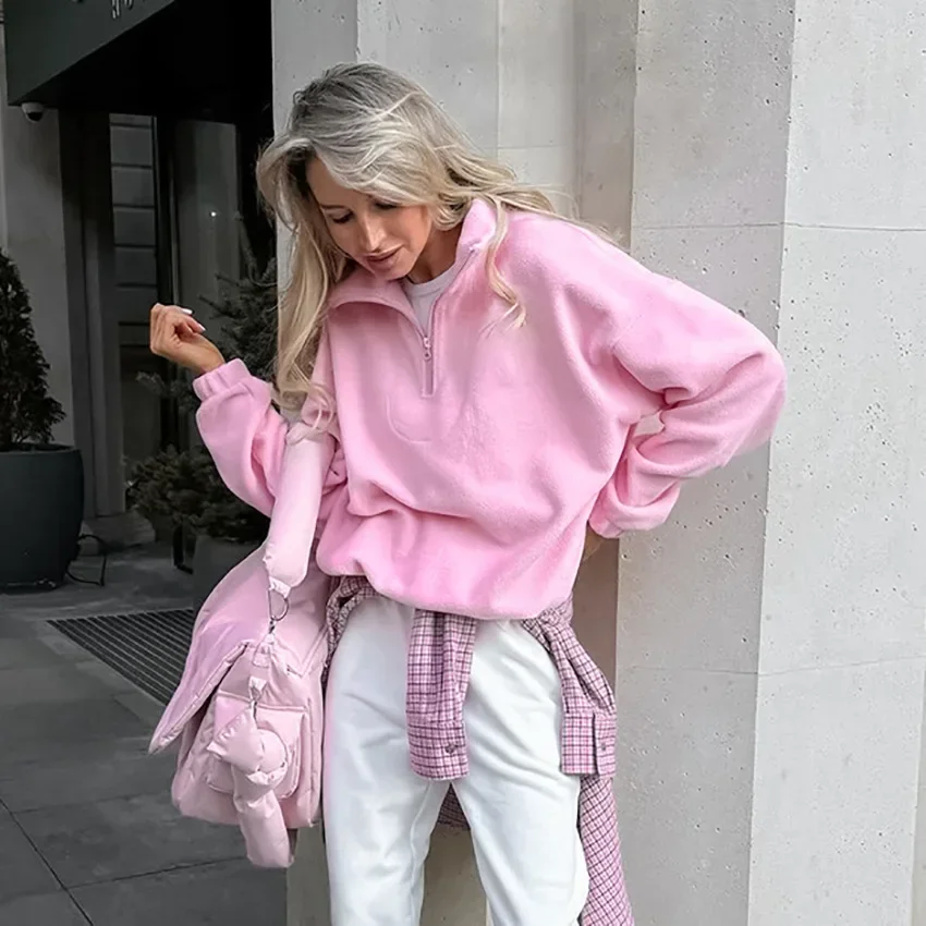 Fashion Fleece Lapel Polo Collar Pullover Women Autmn Winter Casual Pink Loose Zippers Long Sleeve Tops Sweatshirt Outwear Lady