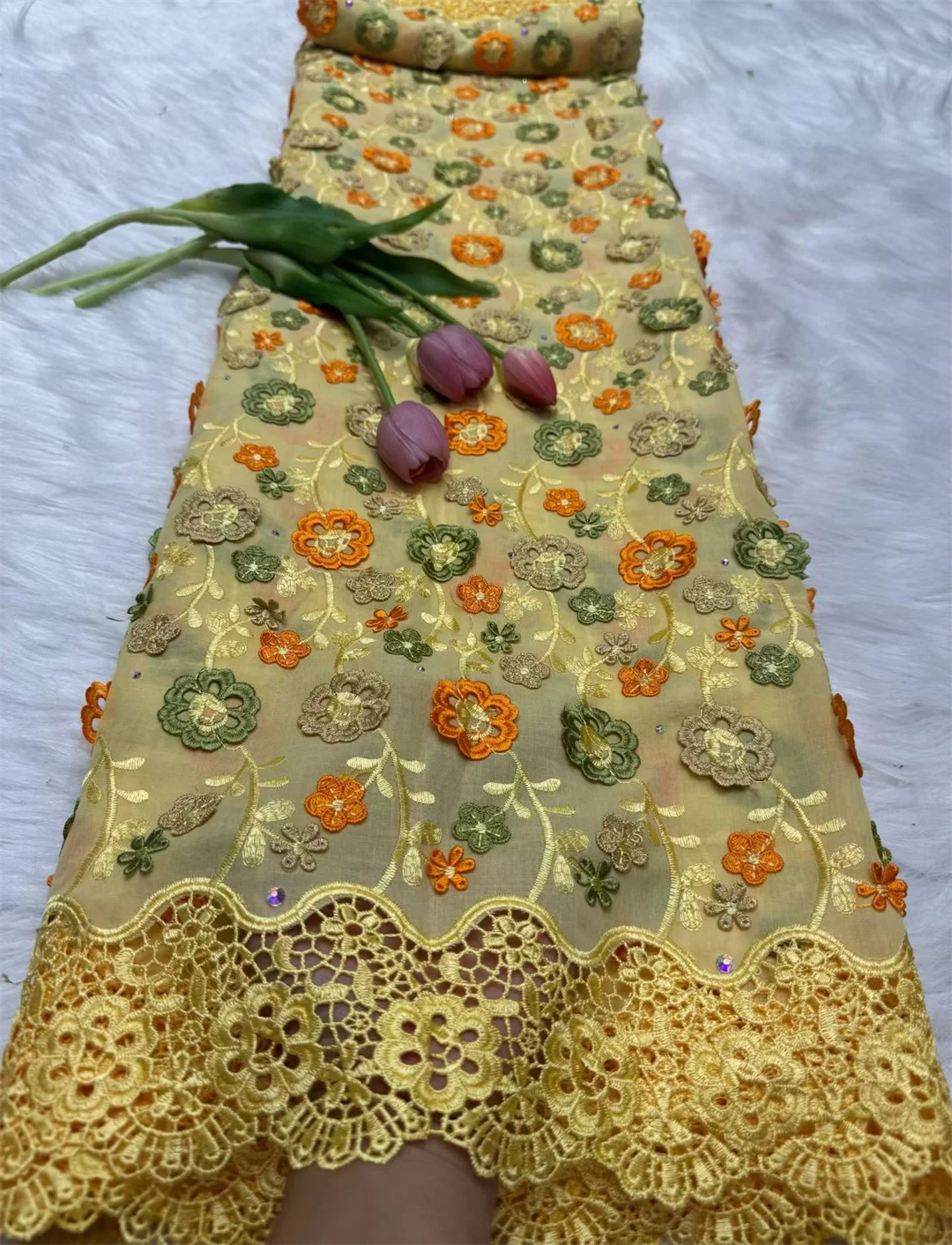 قماش دانتيل فوال سويسري نيجيري مع زينة زهور ثلاثية الأبعاد وأحجار فستان زفاف أفريقي عالي الجودة دانتيل 2026 #4