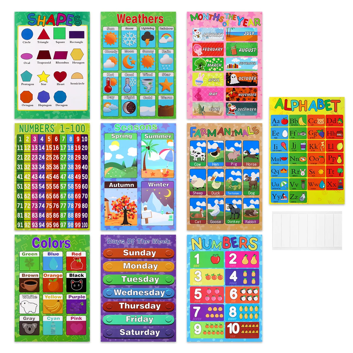 Numbers Alphabet Days Time Colors Letters Posters Wall Educational Child Kindergarten