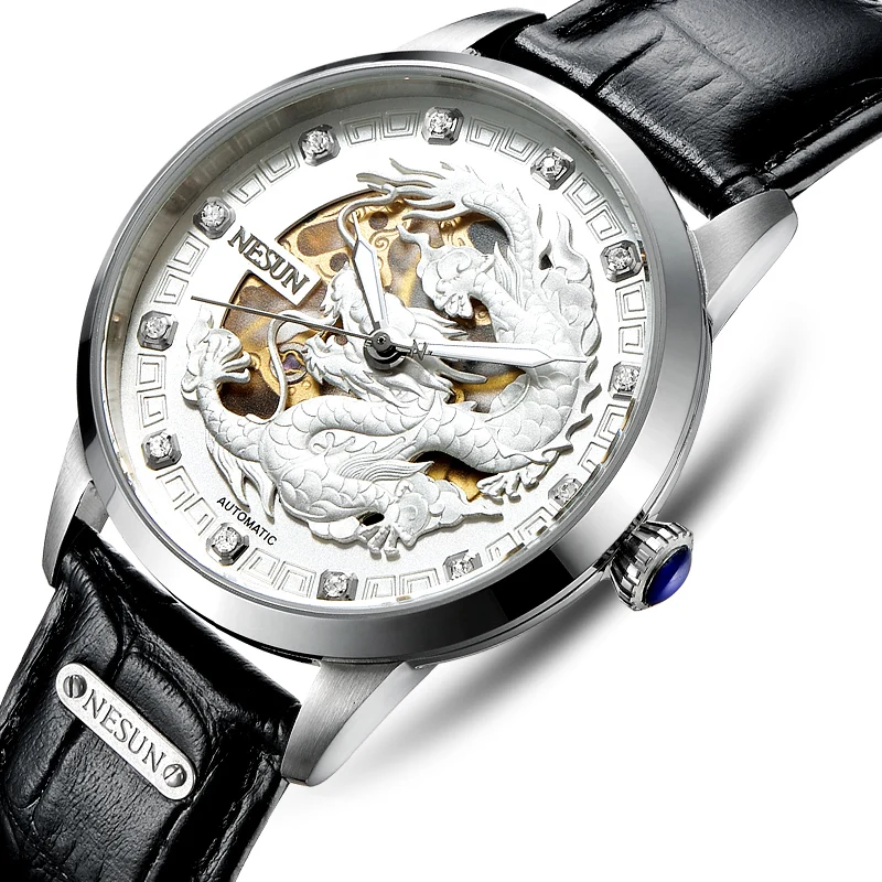 NESUN Luxury Automatic Mechanical Men's Watch Dragon Relief Sapphire Crystal Luminous Hands Waterproof Leather Strap Clock N9306