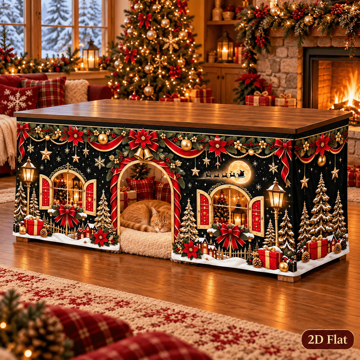 1pc Black and Red Gold Christmas Hollowed-Out Tablecloth is suitable for Christmas parties and family gatherings.