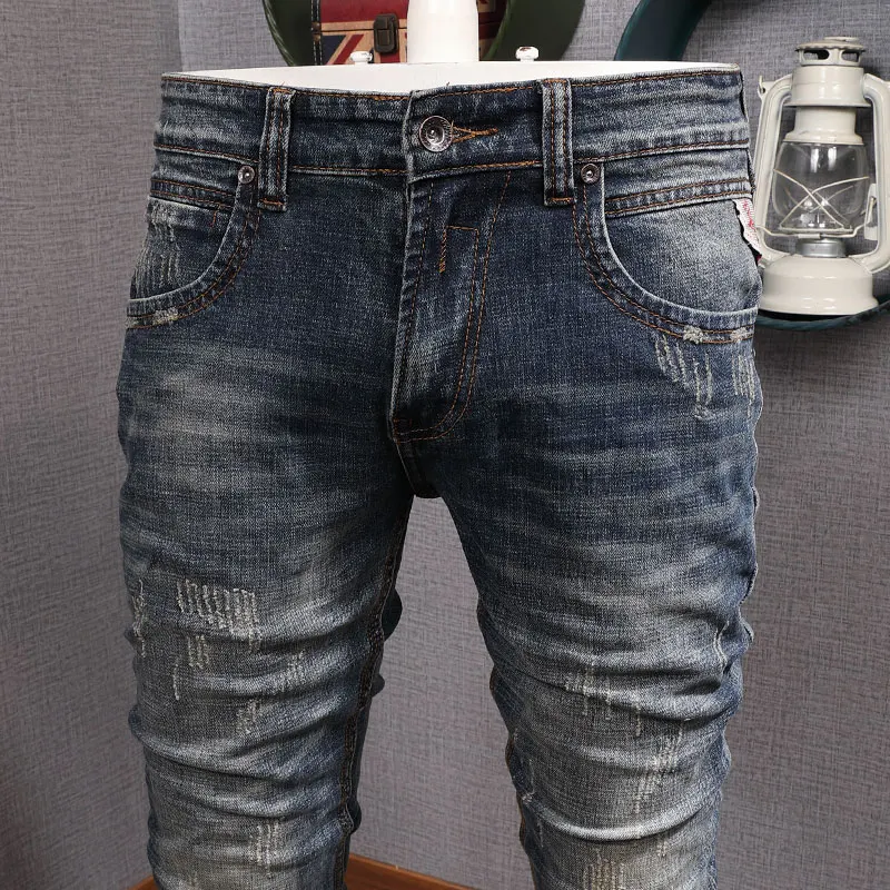 Italian Style Fashion Men Jeans High Quality Retro Washed Blue Elastic Slim Fit Ripped Jeans Men Vintage Designer Denim Pants