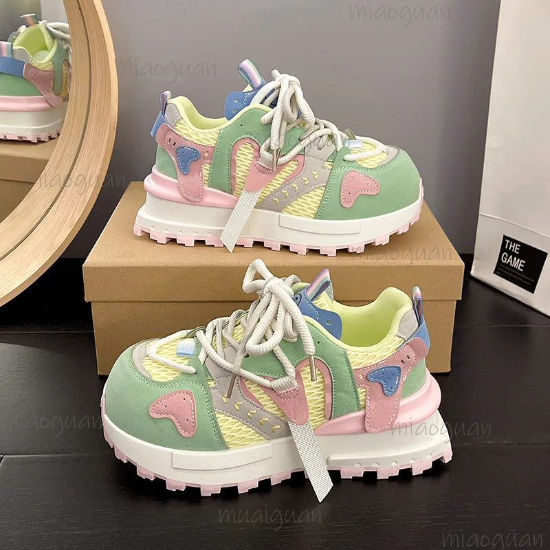 Women's Kawaii Colorblock Chunky Platform Sneakers Mesh Lace-Up Dad Shoes Cute Sweet Height Increaing Woman Vulcanize Shoes