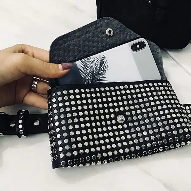 Fashion Rivets Waist Pack Luxury Designer Fanny Pack Small Women Phone Pouch Punk Belt Bag Purse(Black)-A51M