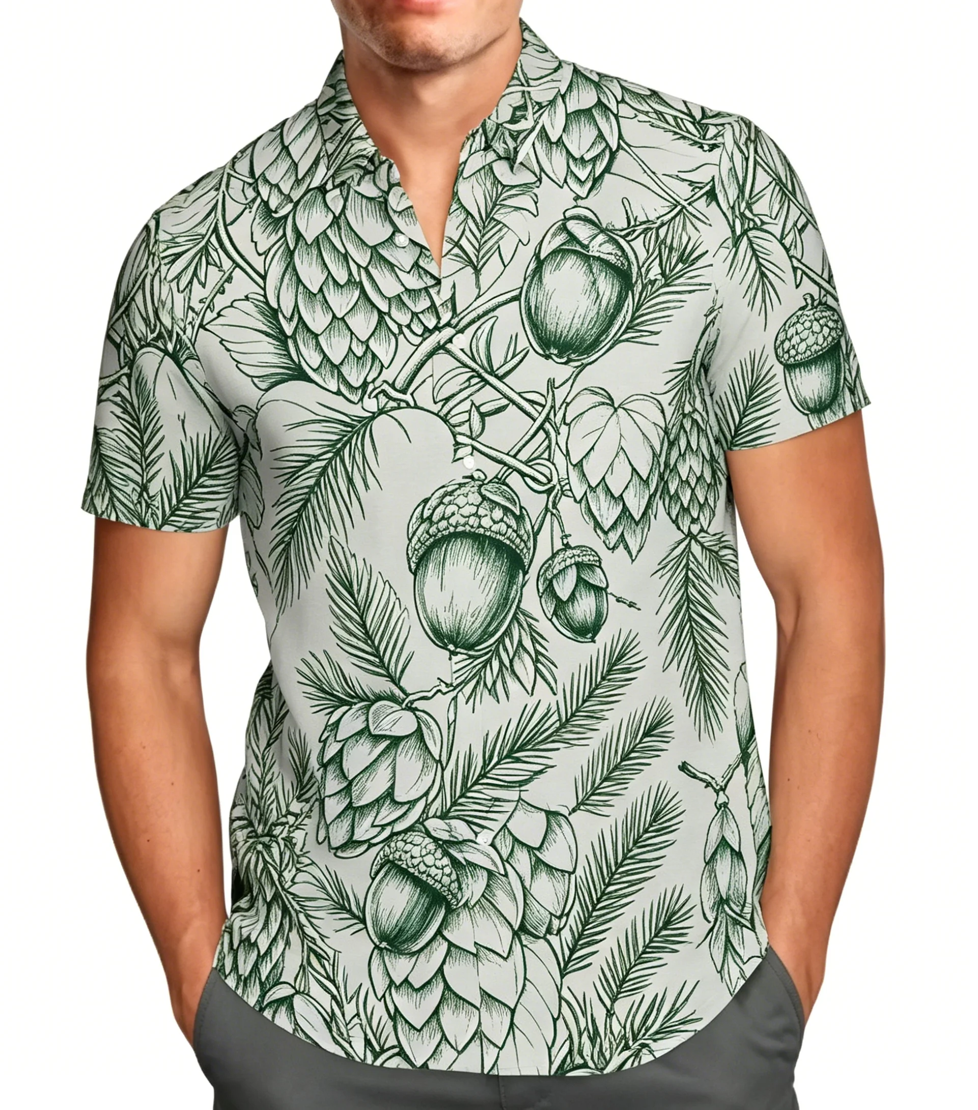 

Men's Spring Summer Lapel Shirt, Green Pine Cone Sketch Print Casual Tops for Daily Vacation Outfit
