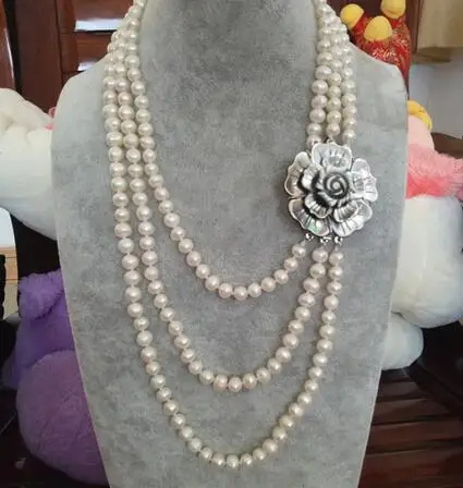 Hand knotted design layers necklace 3rows 7-8mm natural nearly round white freshwater pearl shell flower clasp long 45-55cm