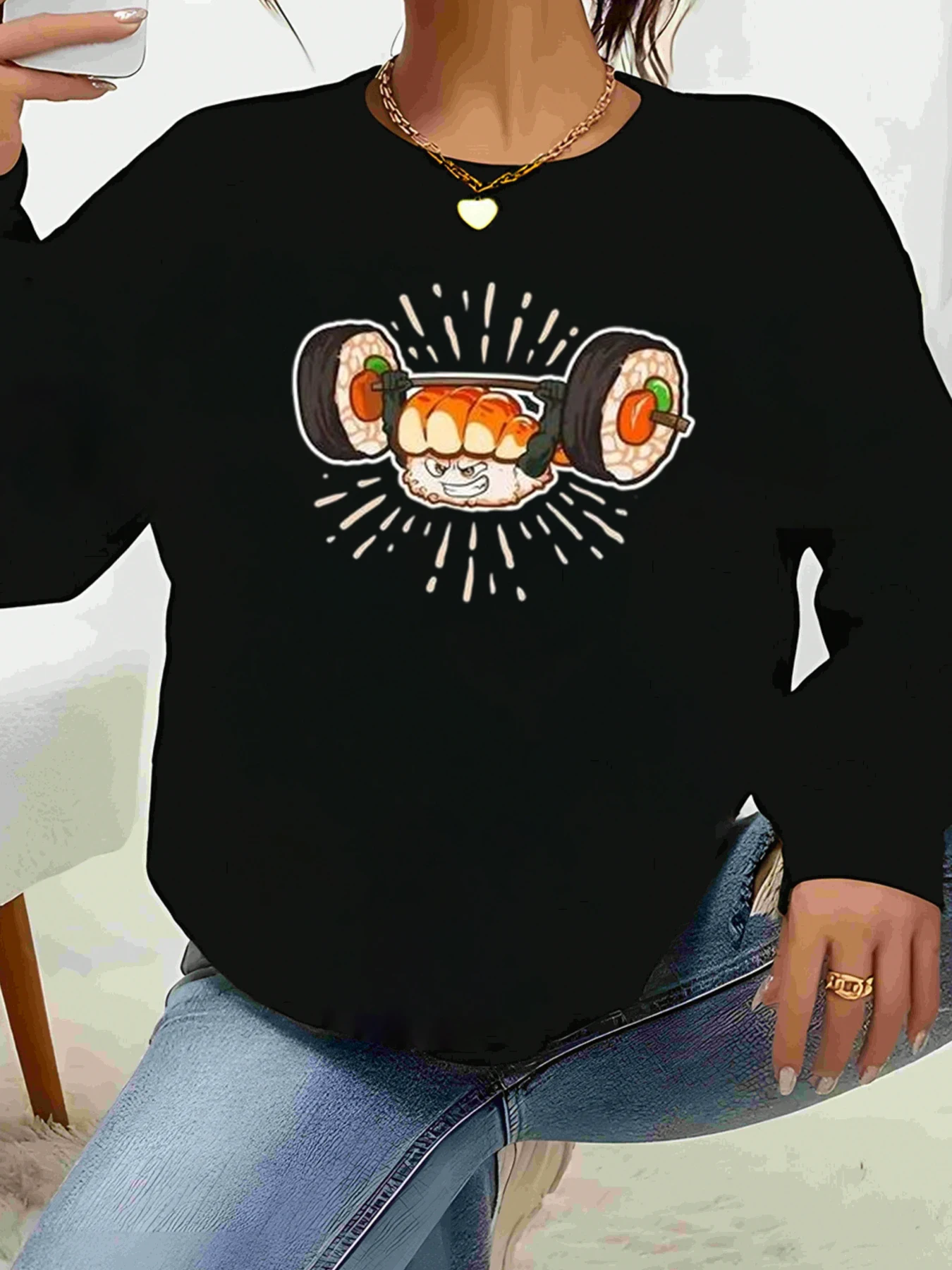 

Sushi Lifting Dumbbell Print Long Sleeve T-Shirt Casual Wear for Women