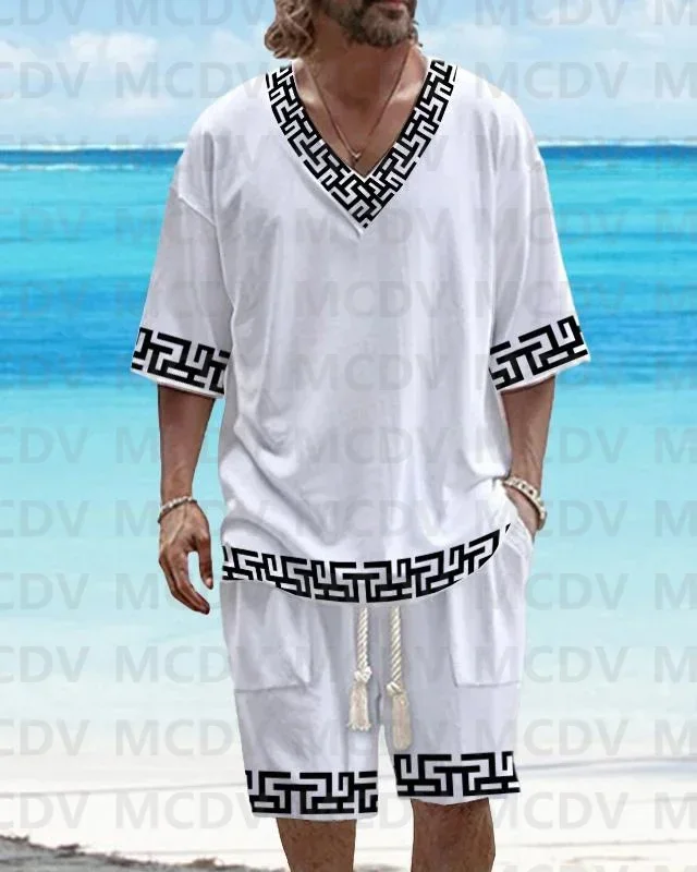 Men's Casual V-neck Retro Pattern Short-sleeved Shorts T-shirt Set