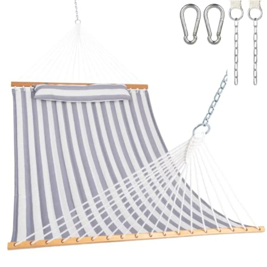 

12FT Quilted Fabric Double Hammock with Spreader Bars and Detachable Pillow for 2 People 450 lbs Ccity Gray White