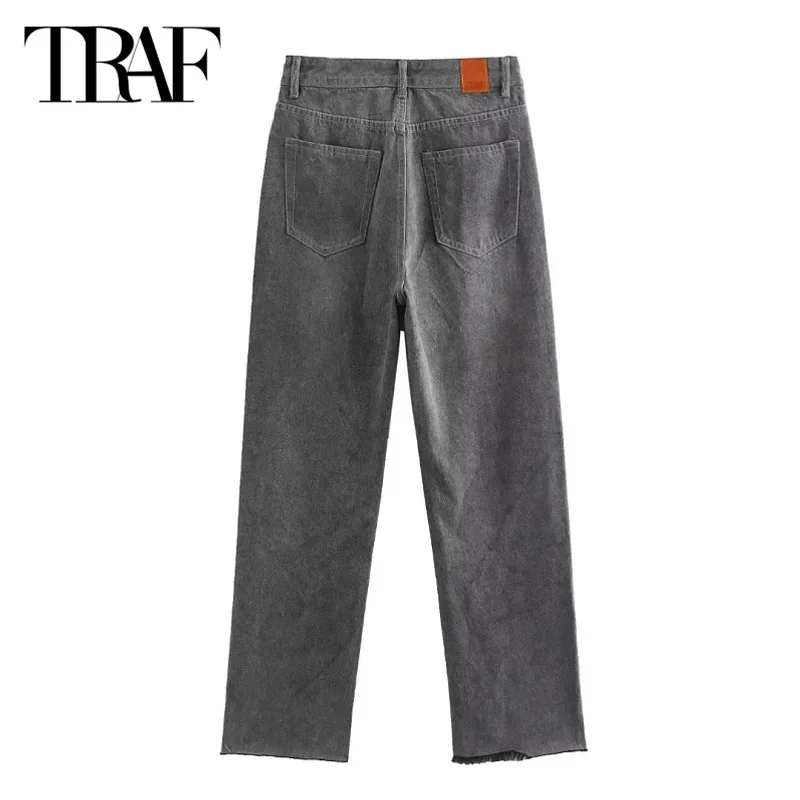 TRAF Office Grey Jeans Pants Women\'s Pants 2024 Spring Summer Autumn Ladies Fashion Casual Denim Straight Trousers For Female