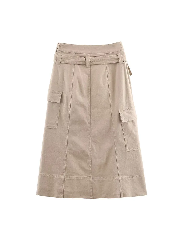 2025 Women Autumn MIDI Skirts Vintage Solid Sashes  Pockets Female Elegant Street Skirt Clothing