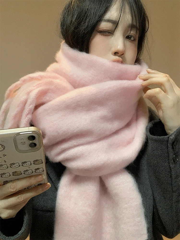 Korean Style Thickened Woolen Scarf Women's Winter Fashion Versatile High-End Feeling Cashmere-Like Neck Warmer Pure Color