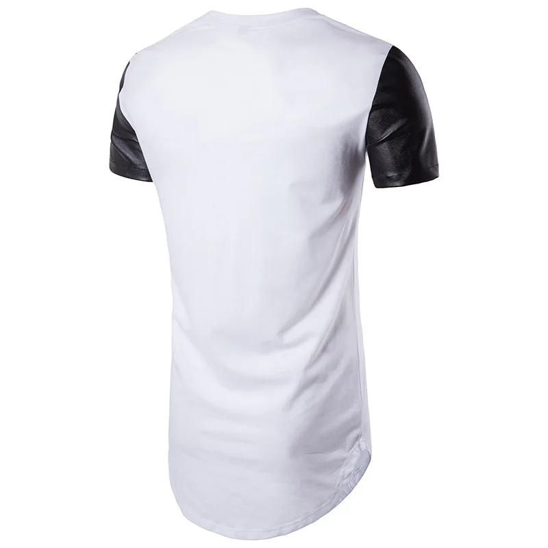 White Pu Leather Patchwork Extra Long T Shirt Men 2023 Brand Slim Fit Short Sleeve T-shirt Men Hip Hop Streetwear Tops Tees XXL