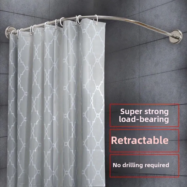 Arc Shaped Bathroom Shower Rod No Drilling L Shaped Half U Curtain Type Retractable Stainless Steel Clothes Drying Rack view 4