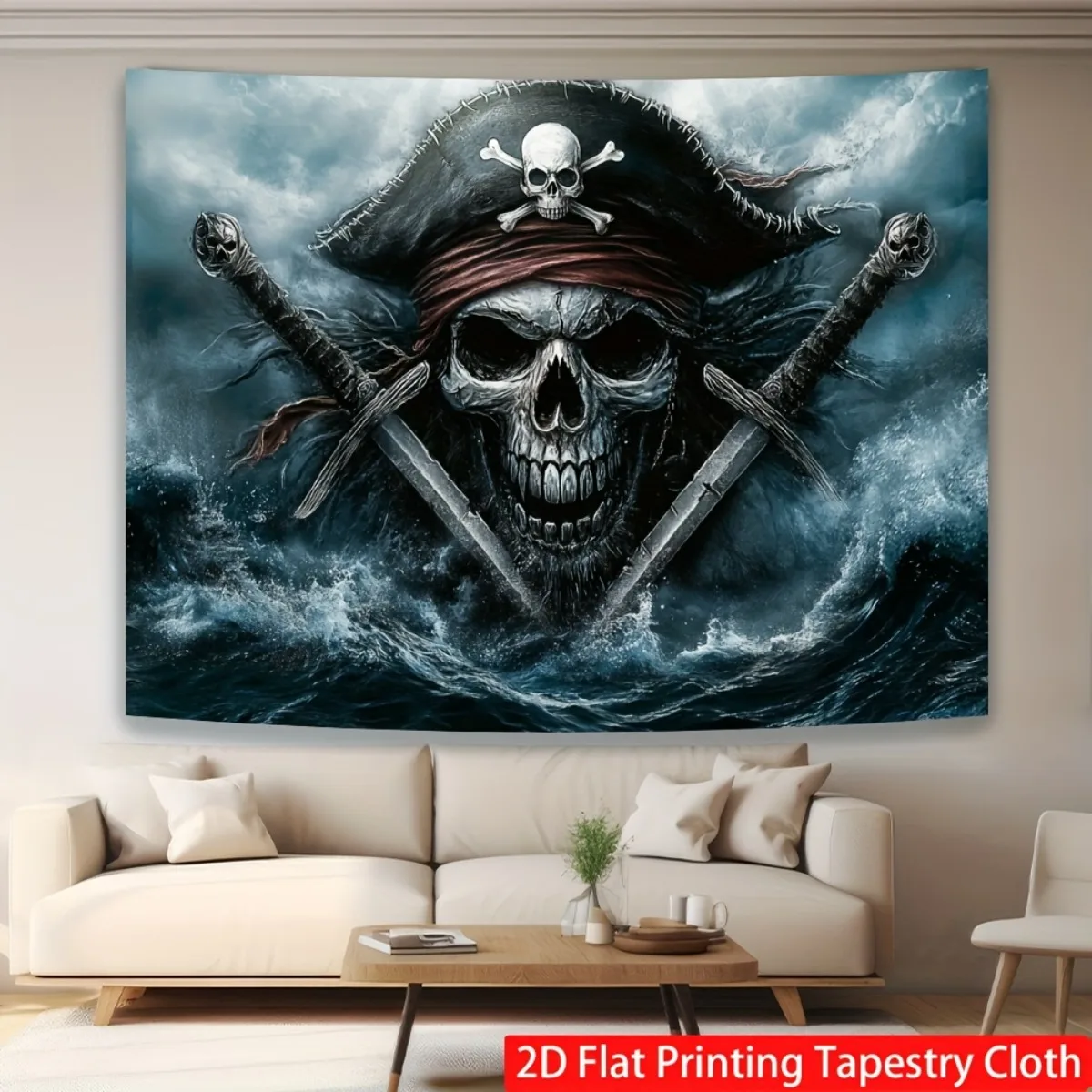 VIKAMA Halloween Gothic Wall Tapestry Captain's Hat Double Knife Skull Pirate Wave Vintage Oil Painting Jack Flag Wallcloth Part