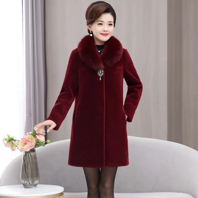 Women Winter Fur Coat New Middle-aged Mother Long Thicken Warm Faux Fur Outerwear High End Female Fox Fur Collar Jacket 5XL