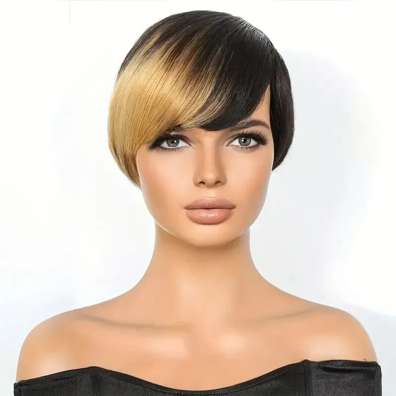 Wig lurus Pixie Cut murah Wig rambut manusia Burgandry campuran Wig Remy mesin penuh dibuat Wig 6 inci rambut manusia untuk wanita, FY 019