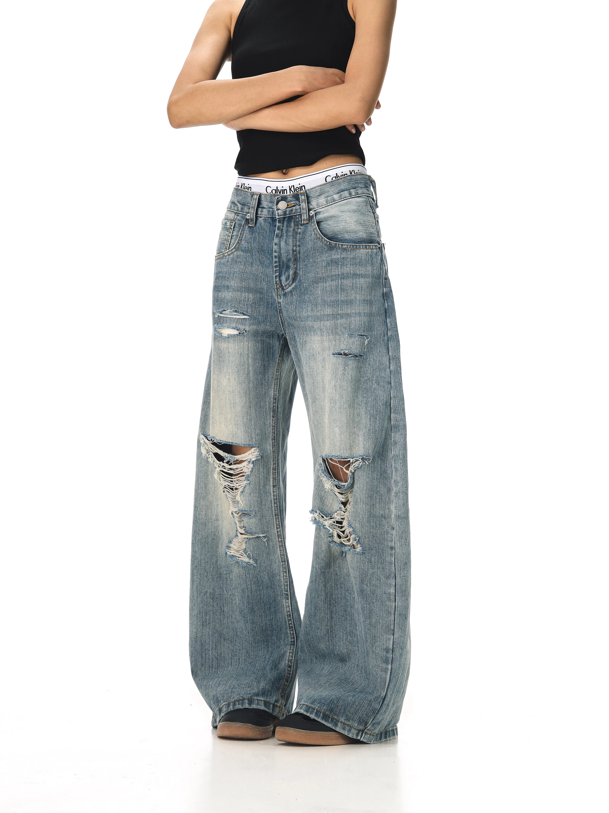 

Джинсы в стиле ретро с дырками в американском стиле High Street, мужские и женские летние свободные брюки с прямыми штанинами, расклешенные брюки из смеси хлопка и полиэстера, повседневная одежда