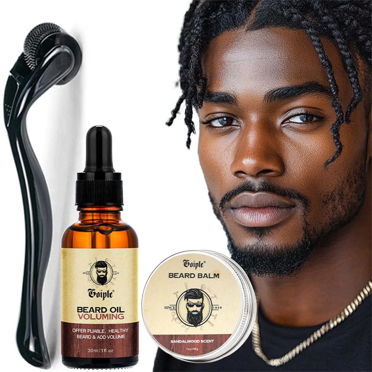 Men's Full-Face Beard Oil and Styling Cream Set, Facial Hair Growth Care Products for Various Beards with 0.25mm Beards roller