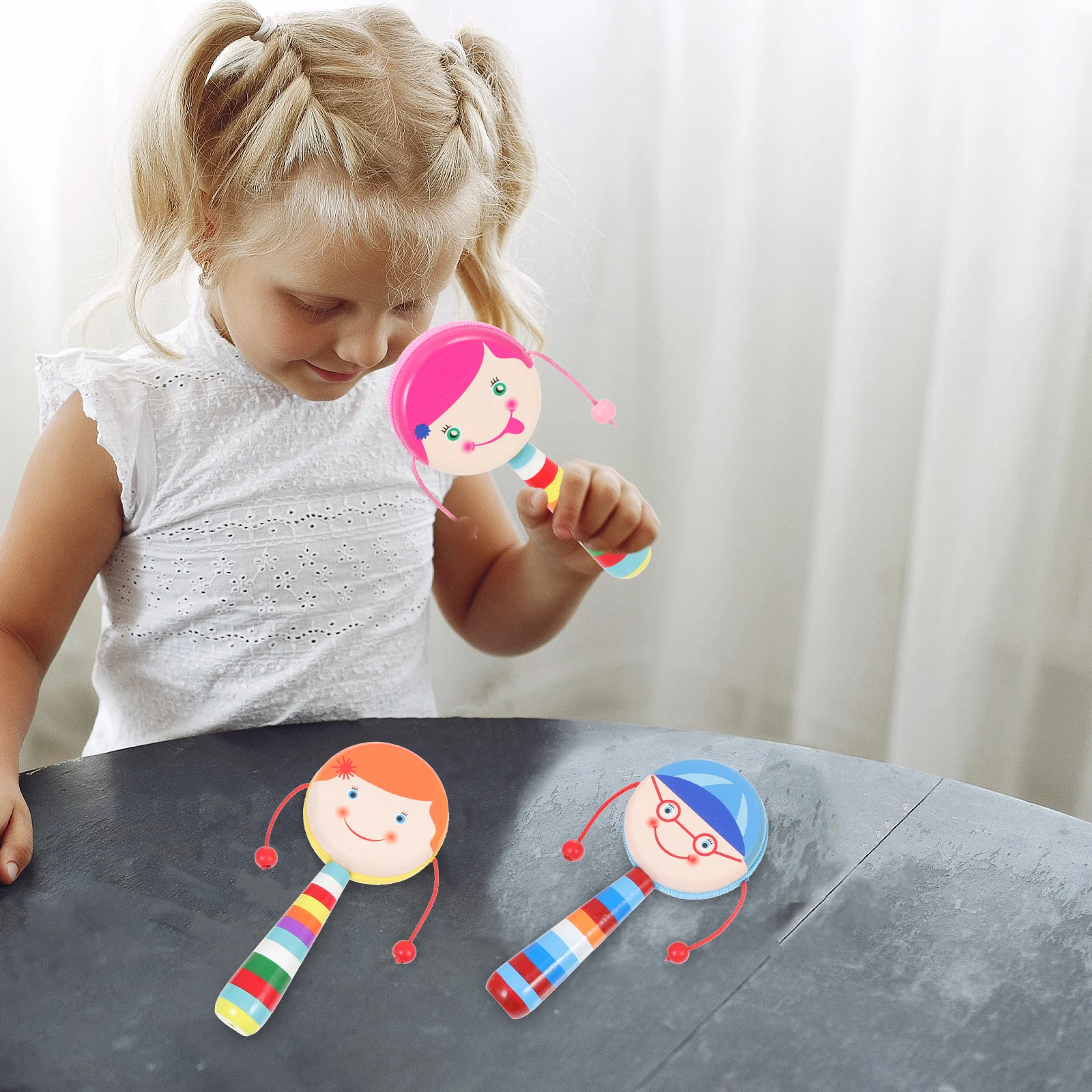 

4 Pcs Wooden Drum Adorable Hand Cartoon Baby Cognitive Educational Safe Musical Instrument Gift