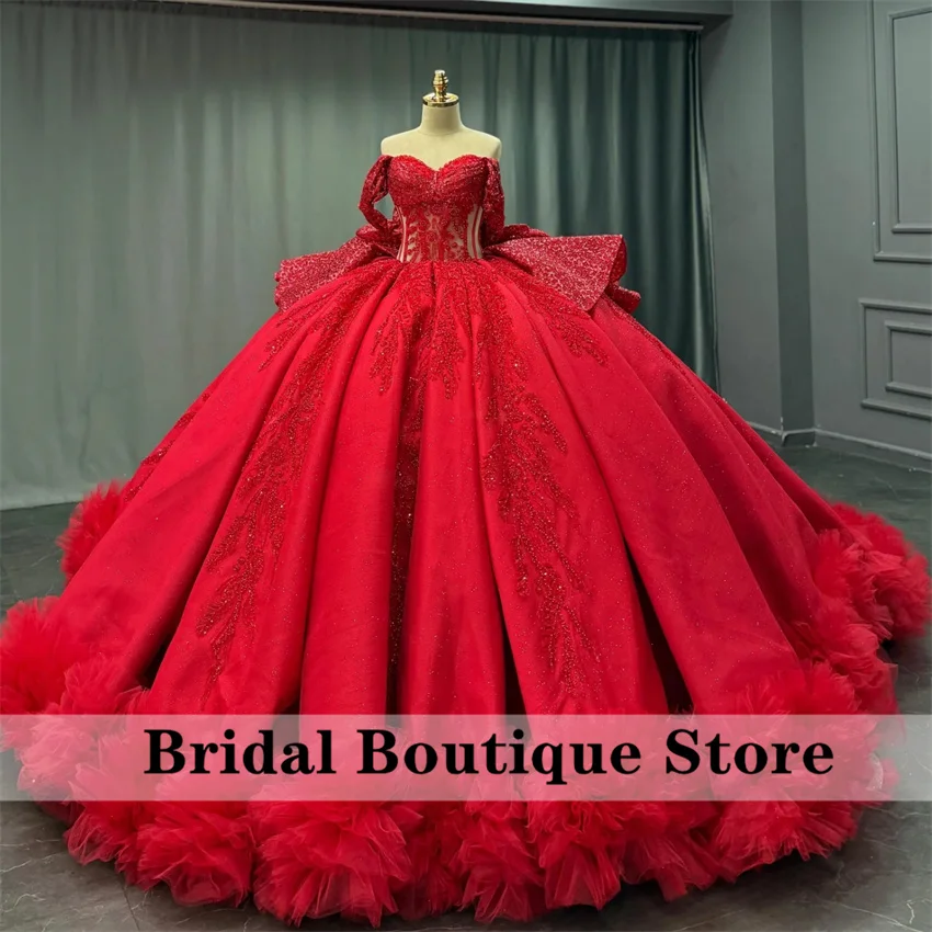 Robe de Quinceanera rouge avec nœud en cœur, robe de bal avec des appliques de perles, robe de luxe pour fête d'anniversaire, à volants, personnalisée, 16 ans, 2026