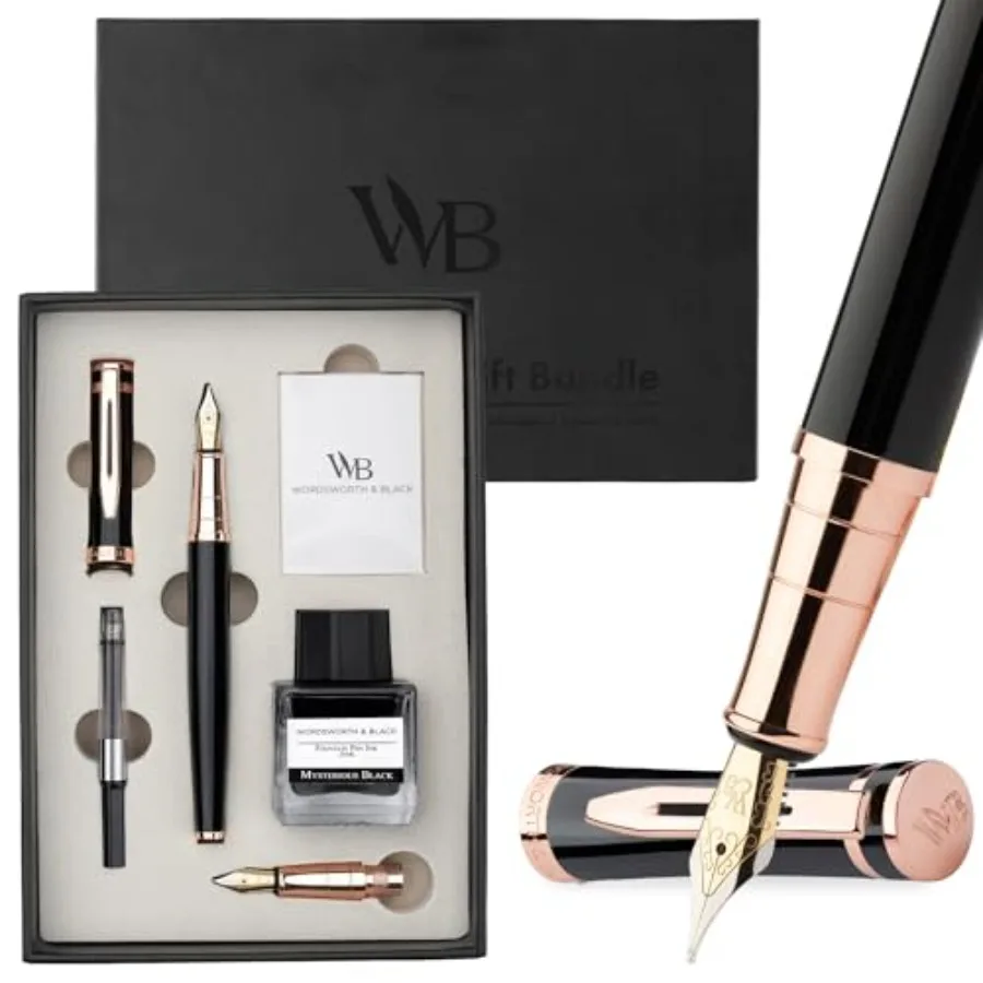 

Fountain Pen Set 18K Gilded Medium and Extra Fine Nib 25ML Black Bottle 6 Ink Cartridges Refill Converter Smooth Writing Pens [