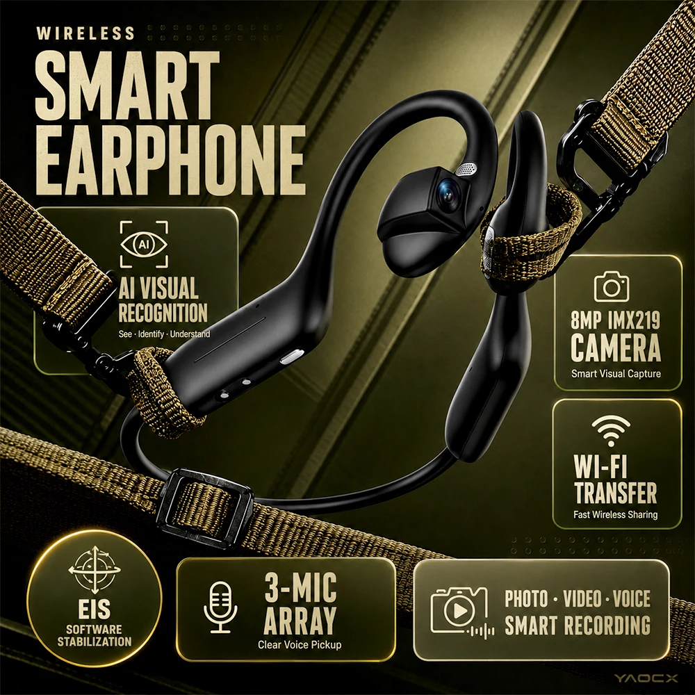 Open Ear AI Camera Headphones 8MP Visual Recognition Bluetooth Headset Voice Recording Audio Video Calls WiFi Transfer for Work