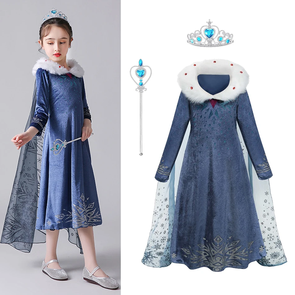 Elsa Queen-Kostüm für Mädchen, Samtkleid mit abnehmbarem Umhang, Kunstpelzkragen, gefrorenes, luxuriöses Geburtstags-Halloween-Party-Outfit