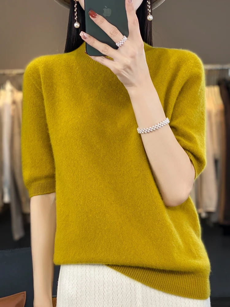 Spring and Autumn Joker Half Sleeve Knitted Sweater Women\'s 100% Pure Wool Short Sleeve Knitted Thin Semi-high Collar Bottom Shi