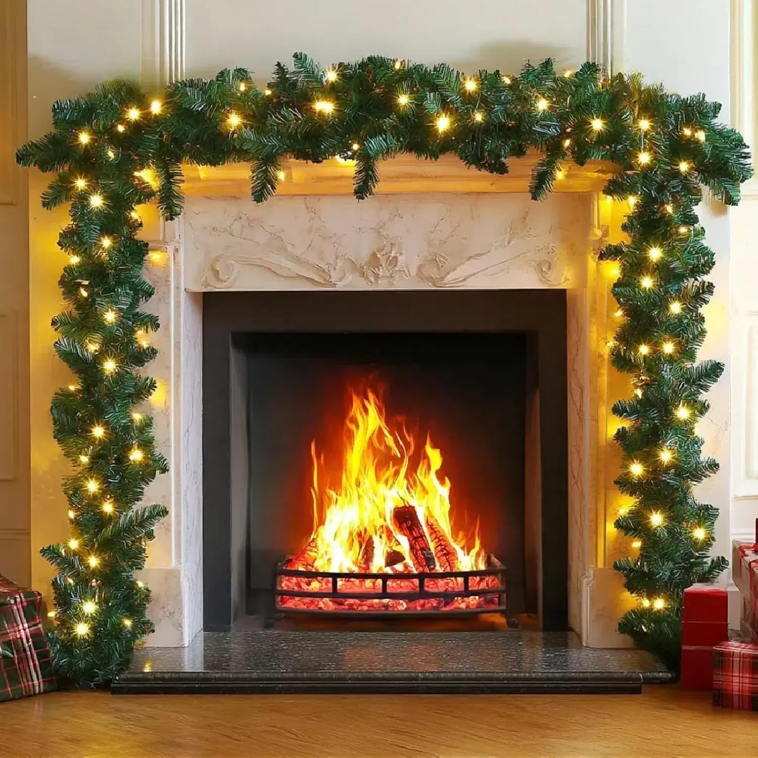 

16.4FT/5M Christmas Garland with 100 LEDs Lights, Artificial Greeny Christmas Decorations Wreath for Fireplace Stair Front Door